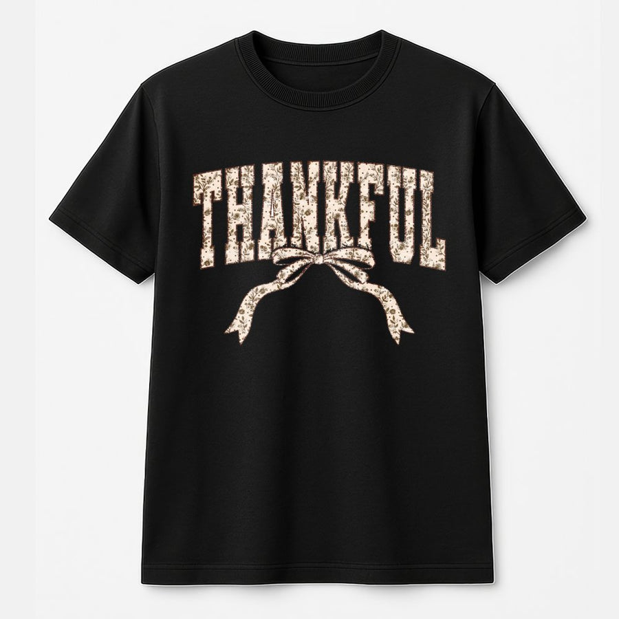Thankful T-Shirt | Floral Coquette Bow Graphic | 100% Cotton Premium Tee | Thanksgiving Fall Gift for Women