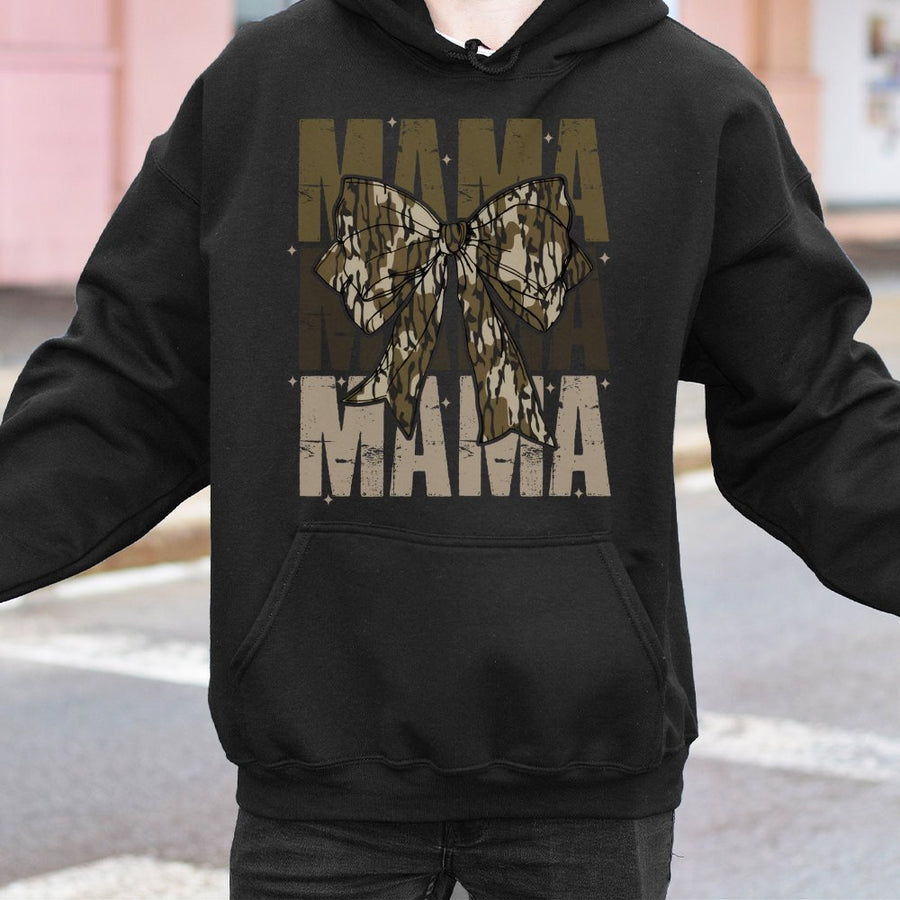 Mama Camo Bow Hoodie | Retro Coquette Aesthetic Graphic | Premium Cotton Blend | Trendy Gift For Mom