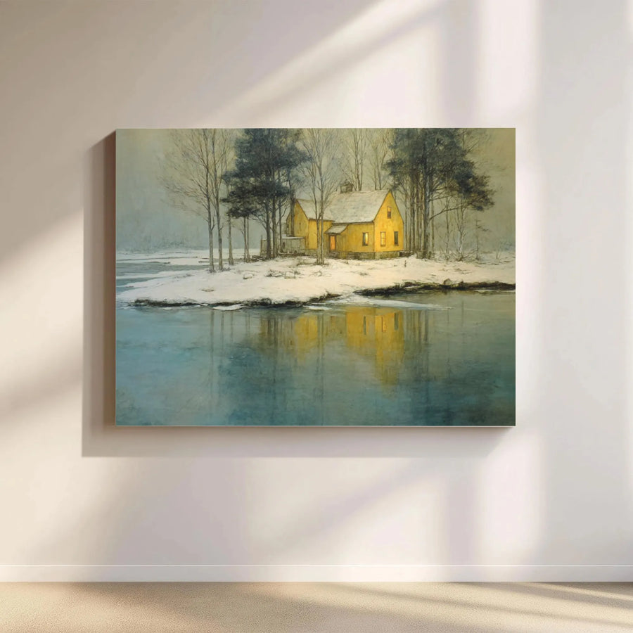 Winter Cabin Canvas Print | Yellow Farmhouse in Snowy Landscape | Gallery Wrapped 1.25 Inch Thick Wall Art | Seasonal Nature Decor for Living Room