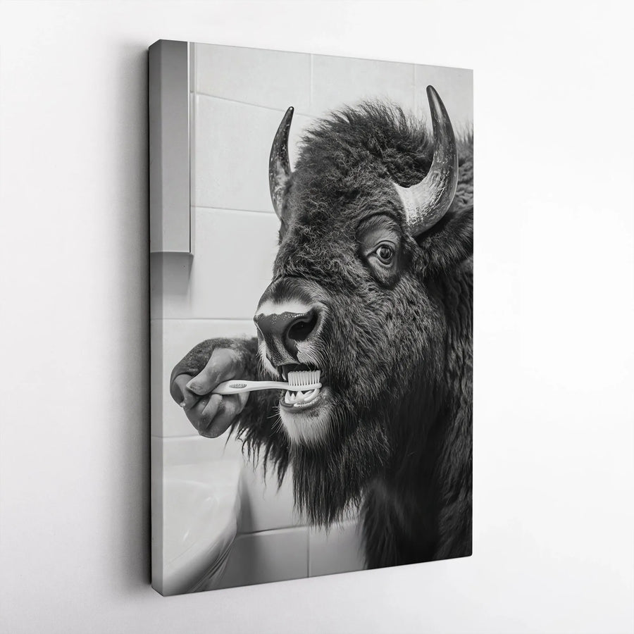 Funny Bison Brushing Teeth Canvas | Black & White Animal Photography | Premium Gallery Wrapped Print | Quirky Bathroom Wall Decor Gift