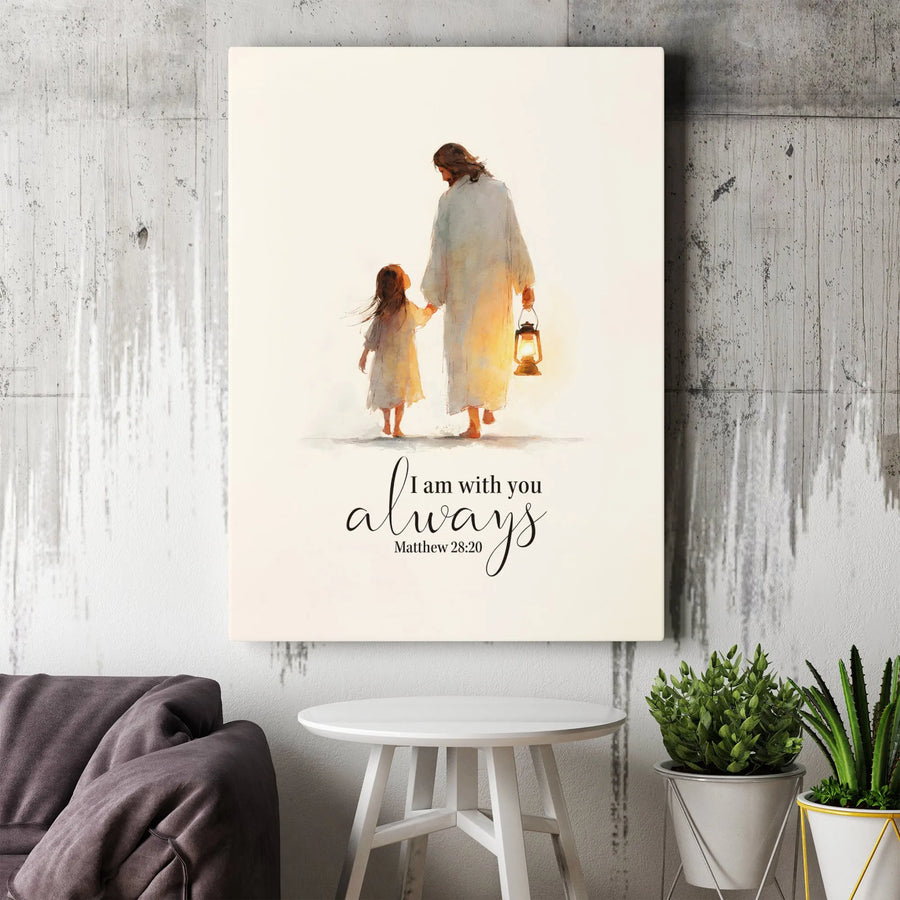 Jesus and Child Canvas Print | I Am With You Always Matthew 28:20 | Premium Watercolor Style Wall Art | Christian Home Decor Gift
