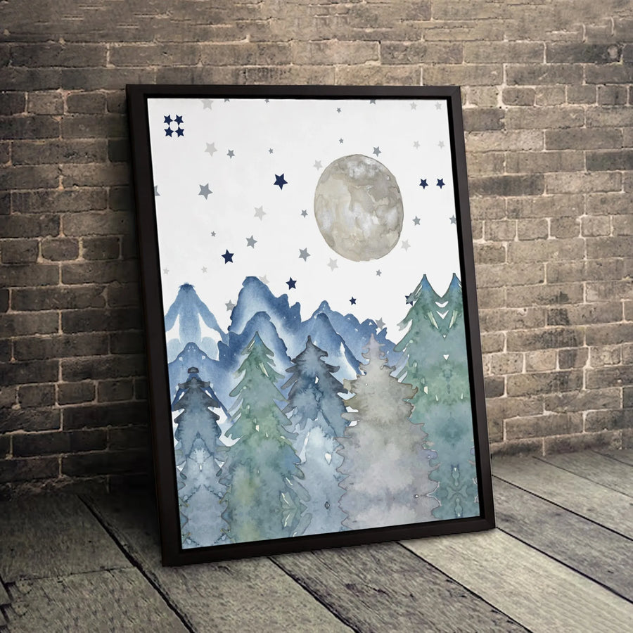 Watercolor Mountain Forest Canvas Art | Pine Trees and Night Sky Moon Print | Gallery Quality 1.25-inch Profile | Modern Bedroom or Nursery Wall Decor