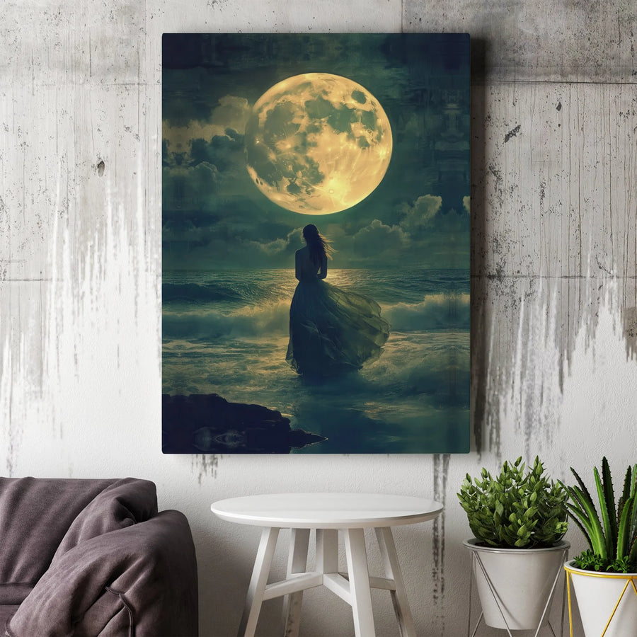 Full Moon Ocean Canvas Print | Dreamy Seascape Woman Silhouette Wall Art | Gallery Quality 1.25" Profile | Moody Bedroom Living Room Decor Gift
