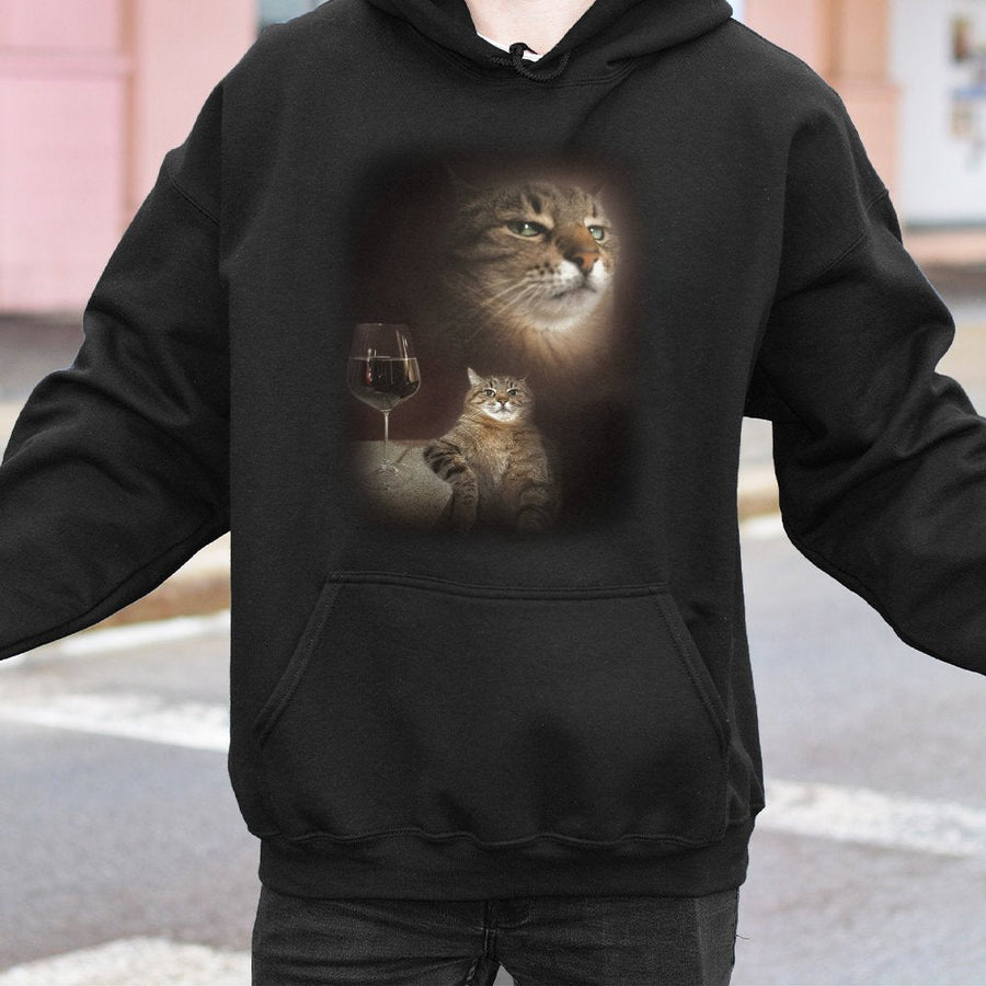 Funny Cat Meme Hoodie | Wine Drinking Tabby Graphic | Soft Cotton Blend Sweatshirt | Unique Gift for Cat Lovers and Humorous Aesthetic Fans