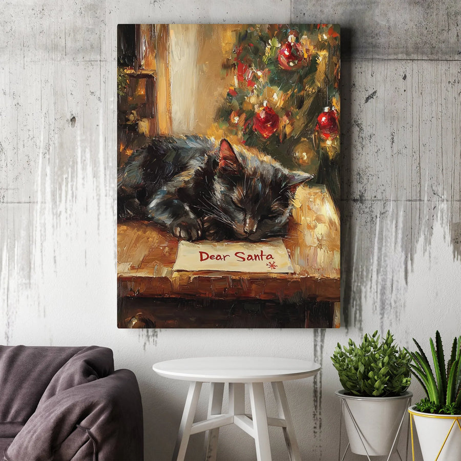Sleeping Cat Christmas Canvas Wall Art | Dear Santa Letter Painting | Premium Gallery Wrap Print | Festive Holiday Home Decor Gift