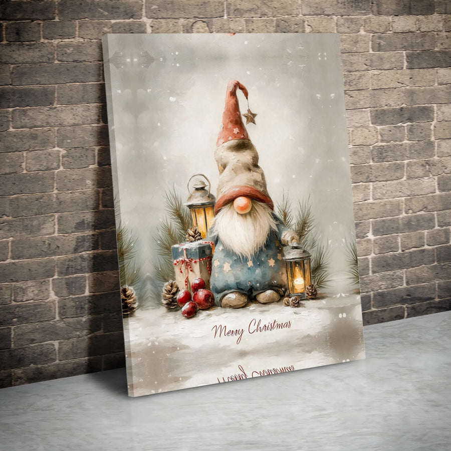 Christmas Gnome Canvas Wall Art | Watercolor Holiday Decor with Lanterns | Premium Fade-Resistant Print | Festive Seasonal Gift for Home