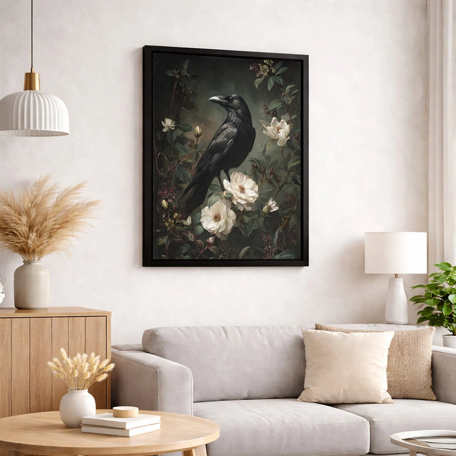 Gothic Raven Canvas Wall Art | Dark Academia Floral Print | Premium Gallery-Wrapped Decor | Moody Botanical Gift For Home Office
