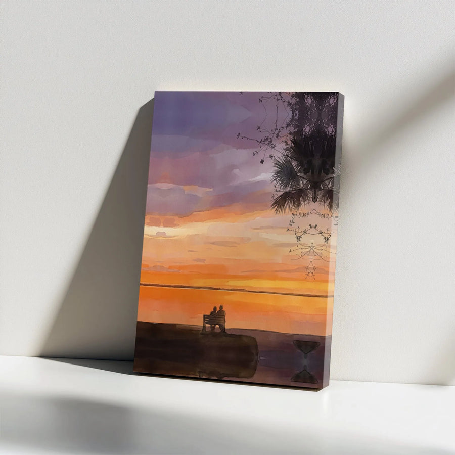 Sunset Beach Couple Canvas Wall Art | Romantic Watercolor Seascape Print | Premium Gallery Wrapped Decor | Anniversary Gift for Couples