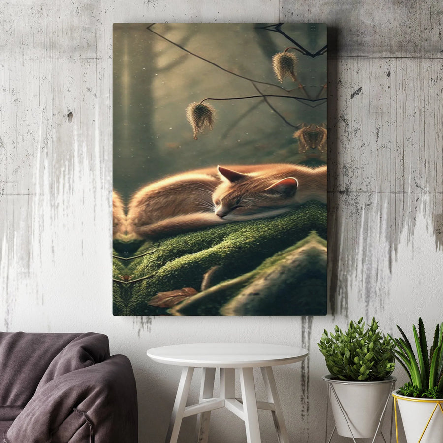 Sleeping Cat Canvas Wall Art | Peaceful Woodland Ginger Cat Print | Premium Fade-Resistant Canvas | Cozy Home Decor Gift for Cat Lovers