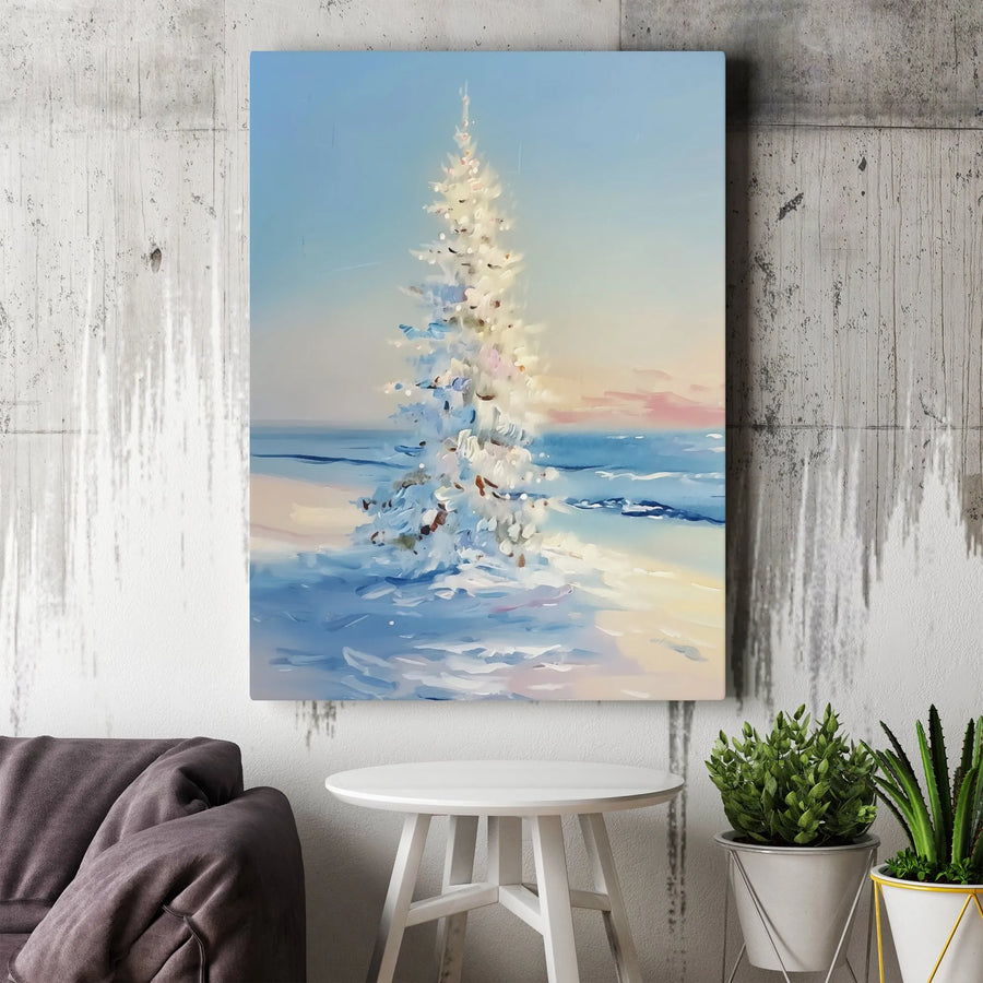 White Christmas Tree Canvas Wall Art | Impressionist Snowy Beach Print | Gallery-Quality Premium Decor | Coastal Holiday Gift for Home