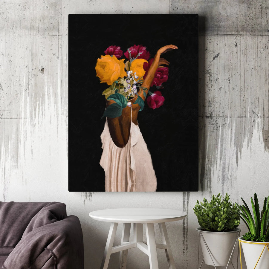 Black Woman Floral Portrait Canvas | Surreal Botanical Head Art | Premium Gallery Wrap Print | Modern Feminine Home Decor Wall Art