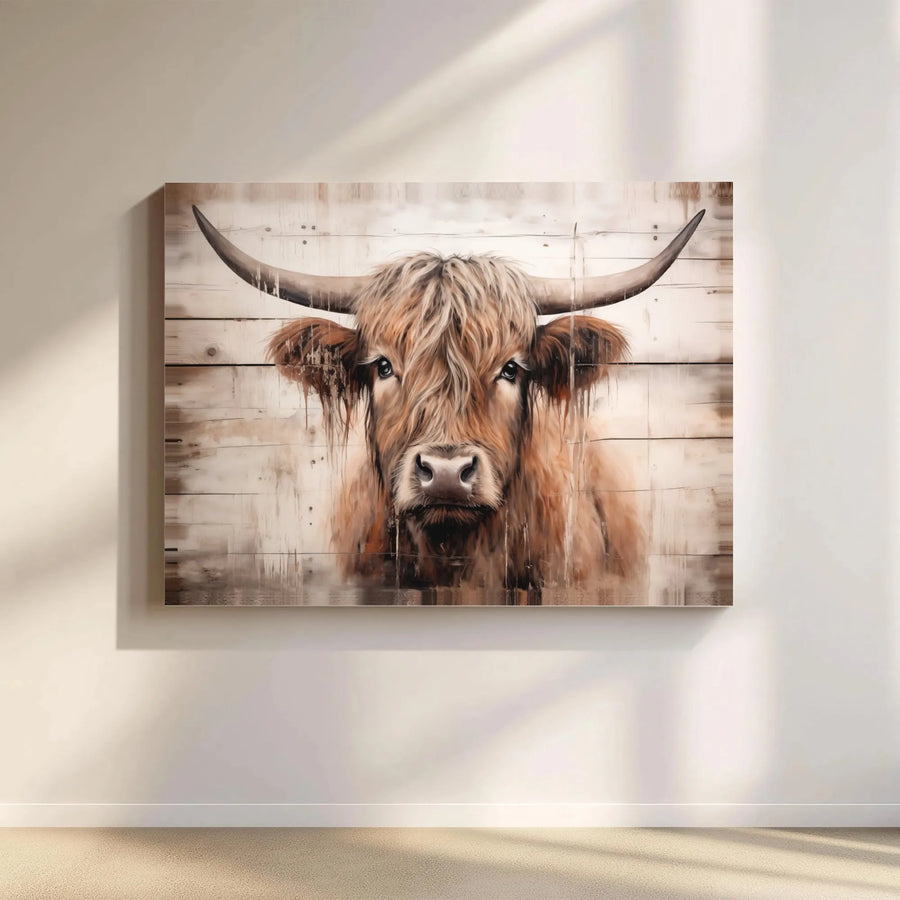 Rustic Highland Cow Horizontal Canvas | Shabby Chic Bull Portrait with Faux Wood Panel Design | Premium 1.25 Inch Gallery Wrap | Modern Farmhouse Wall Art Gift for Country Home Lovers