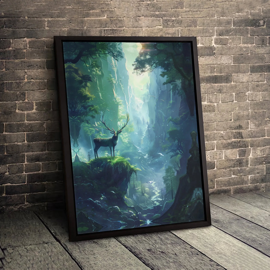 Majestic Stag Canvas Wall Art | Ethereal Forest Canyon Landscape | Premium Gallery-Wrapped Print | Wildlife Nature Home Decor Gift