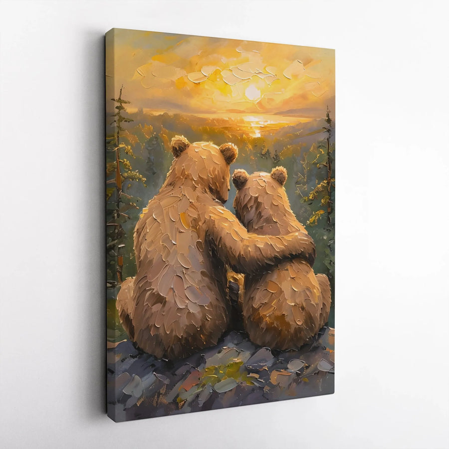 Bear Wall Art Canvas | Hugging Bears Sunset Impasto Print | Gallery Wrapped Premium Decor | Nature Inspired Wildlife Gift for Living Room