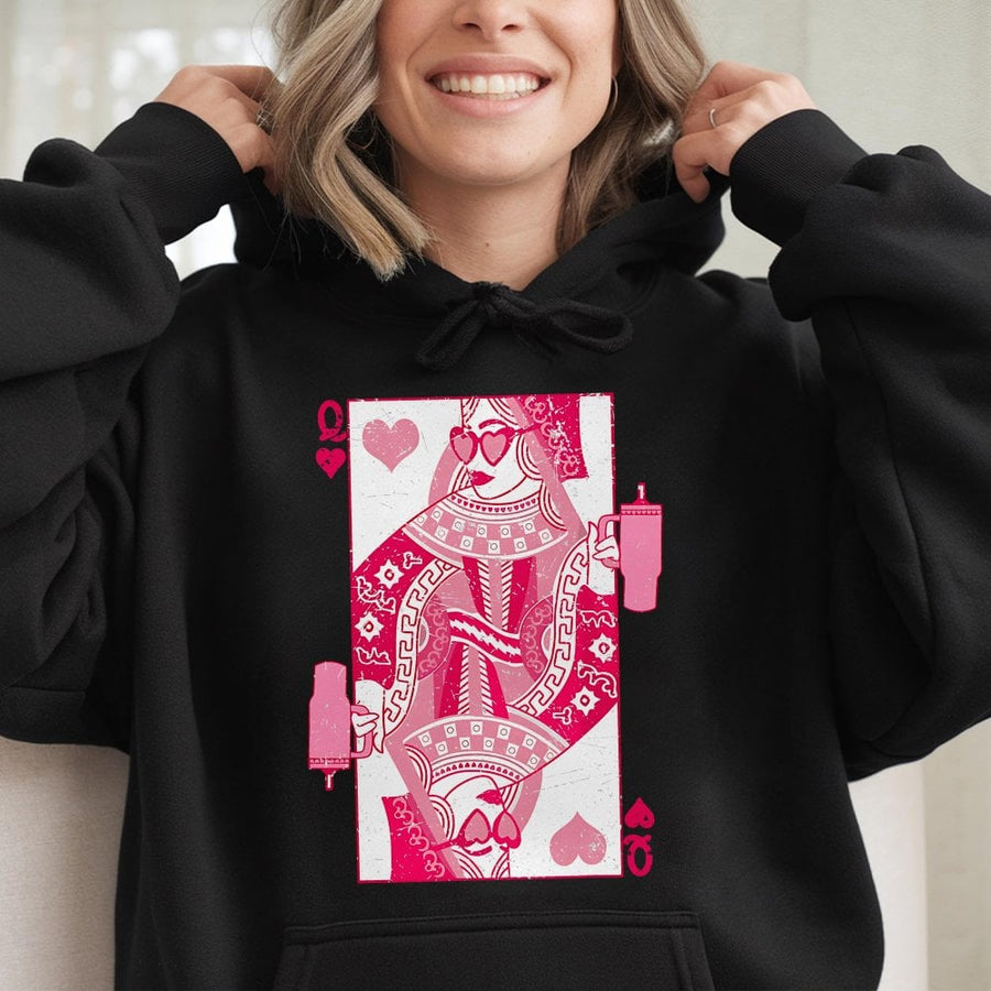 Queen Of Hearts Hoodie | Retro Playing Card Graphic With Tumbler | Soft Cotton-Blend Pullover | Aesthetic Valentine’s Day Gift For Her