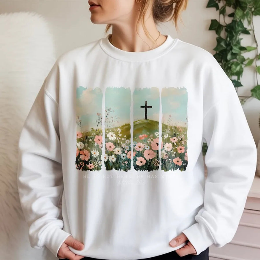 He Is Risen Easter Sweatshirt | Floral Cross Religious Graphic Design | Premium Cotton Blend | Christian Faith Gift for Men and Women
