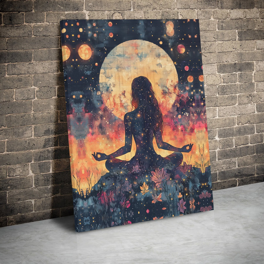 Meditating Yoga Woman Canvas Wall Art | Celestial Galaxy Silhouette with Full Moon | Premium Gallery-Wrapped 1.25" Frame | Spiritual Home Decor Gift