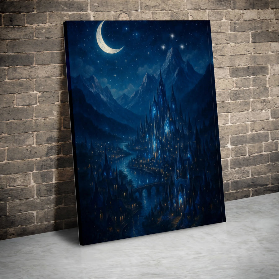 Fantasy Castle Canvas Wall Art | Magical River Night Landscape | 1.25 Inch Gallery Wrap | Dreamy Bedroom Decor Gift