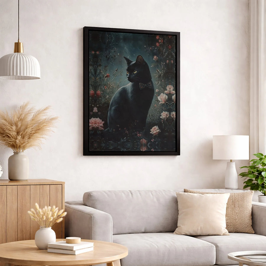 Black Cat Wall Art | Whimsical Bow Tie Garden Portrait | Gallery Quality Canvas Print | Elegant Home Decor Gift For Cat Lovers