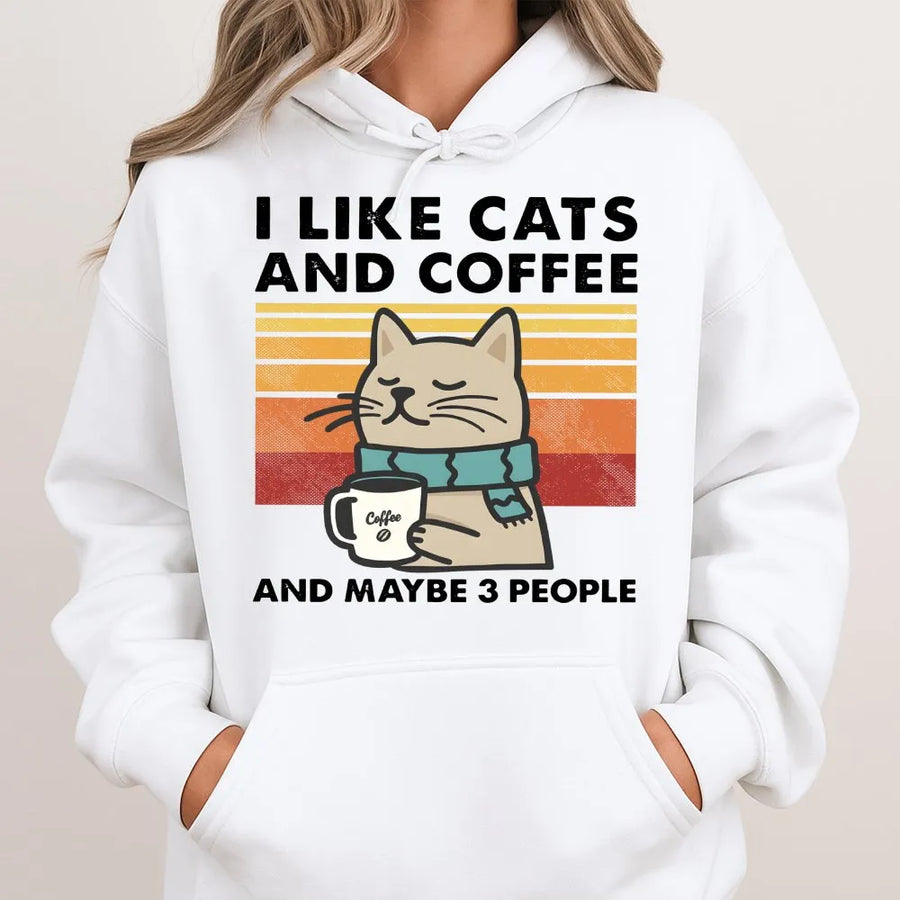 I Like Cats And Coffee And Maybe 3 People Hoodie | Retro Sunset Cat Lover Design | Premium Cotton Blend | Funny Introvert Gift For Her