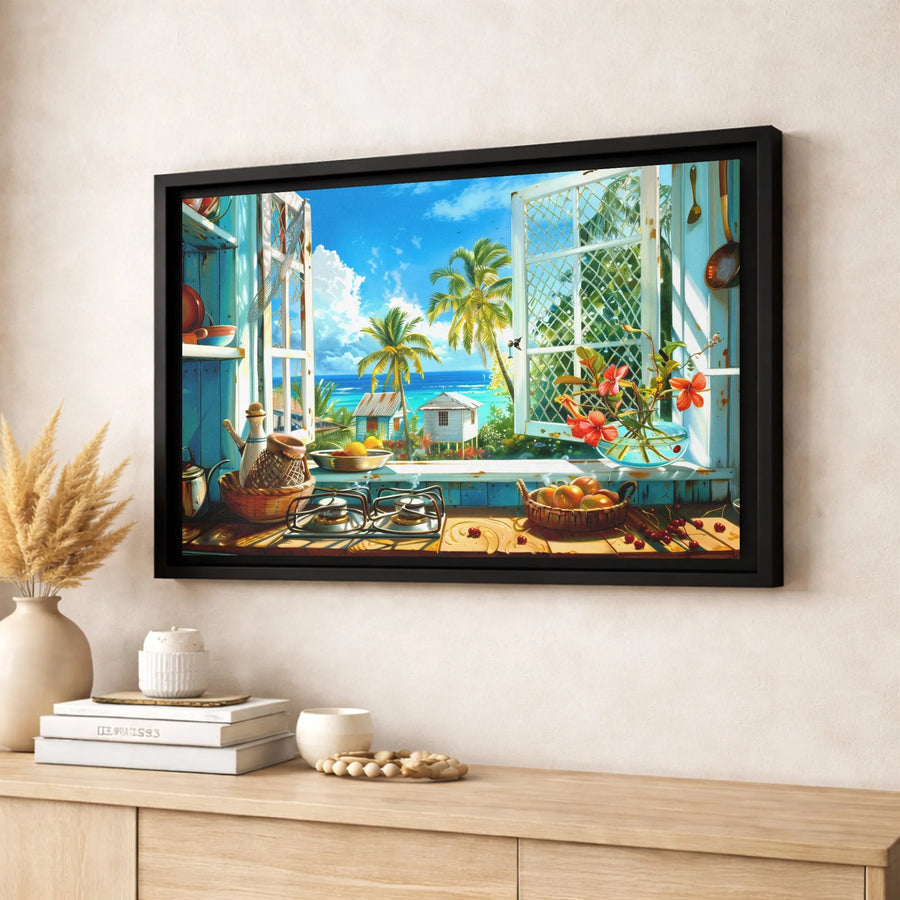 Tropical Beach Kitchen Canvas | Coastal Window View With Palm Trees | Premium Gallery-Wrapped Print | Island Home Decor Gift