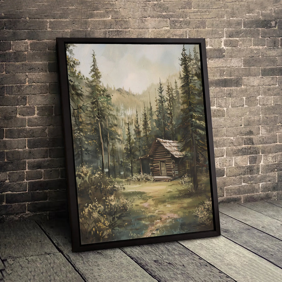 Rustic Log Cabin Wall Art | Pine Forest Landscape Painting | Premium Gallery Wrapped Canvas | Nature Inspired Home Decor Gift