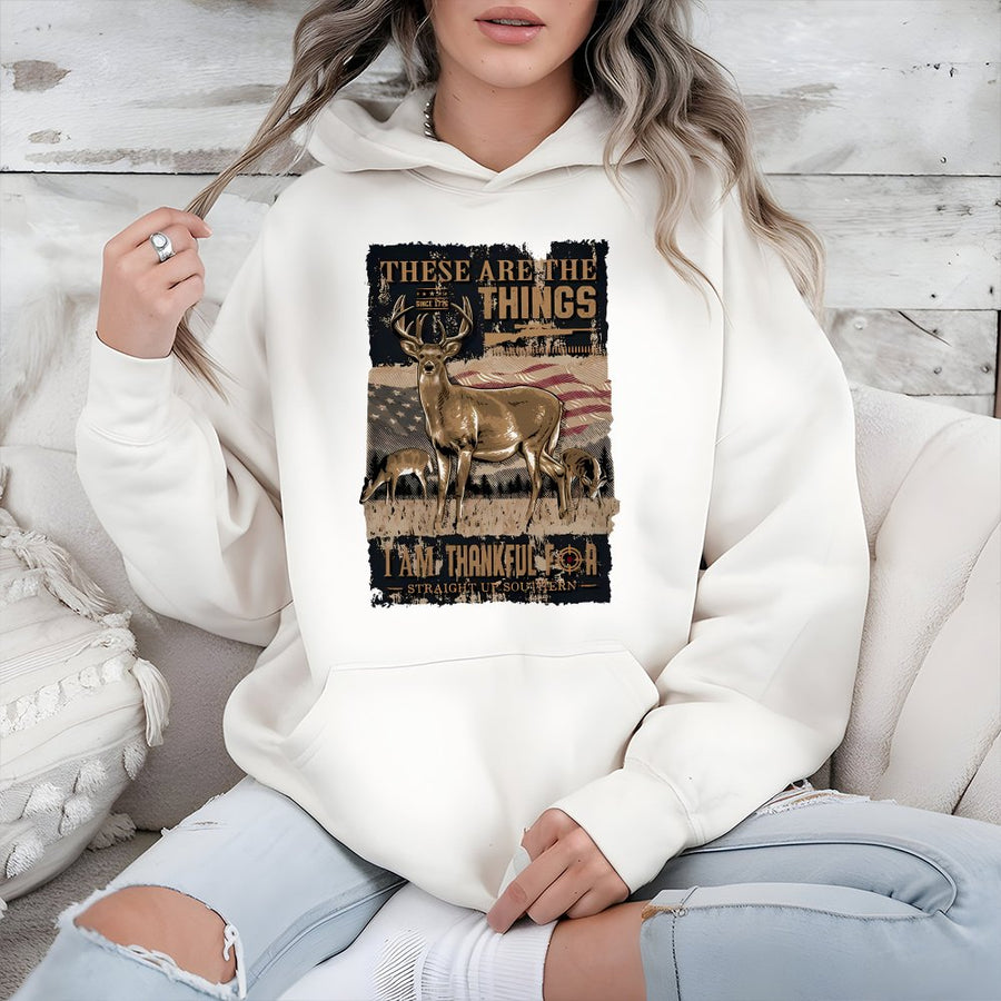 Deer Hunting Hoodie | Patriotic American Flag Graphic | Premium Cotton Blend | Gift for Outdoorsmen and Hunters