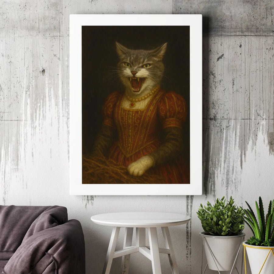 Renaissance Cat Portrait Canvas | Hissing Tabby Royal Queen Art | Premium Gallery Wrap Wall Decor | Whimsical Animal Lover Gift for Home