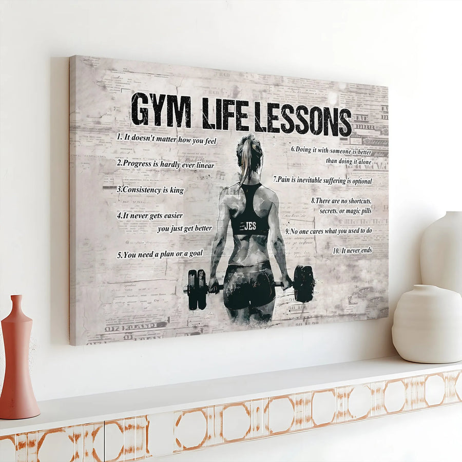 Gym Life Lessons Canvas | Inspirational Quotes Print with Female Lifter | Premium Thick Canvas | Home Gym Decor Gift
