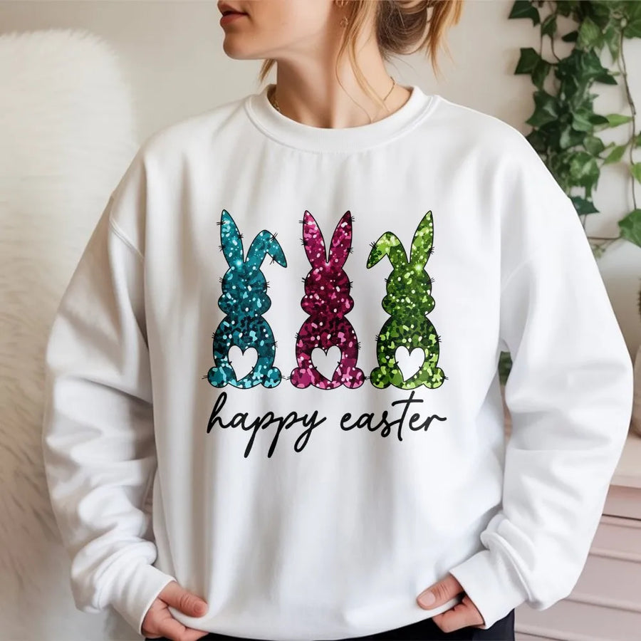 Happy Easter Glitter Bunny Sweatshirt | Colorful Rabbit Graphic Print | Soft Cotton-Poly Blend | Festive Spring Holiday Apparel Gift