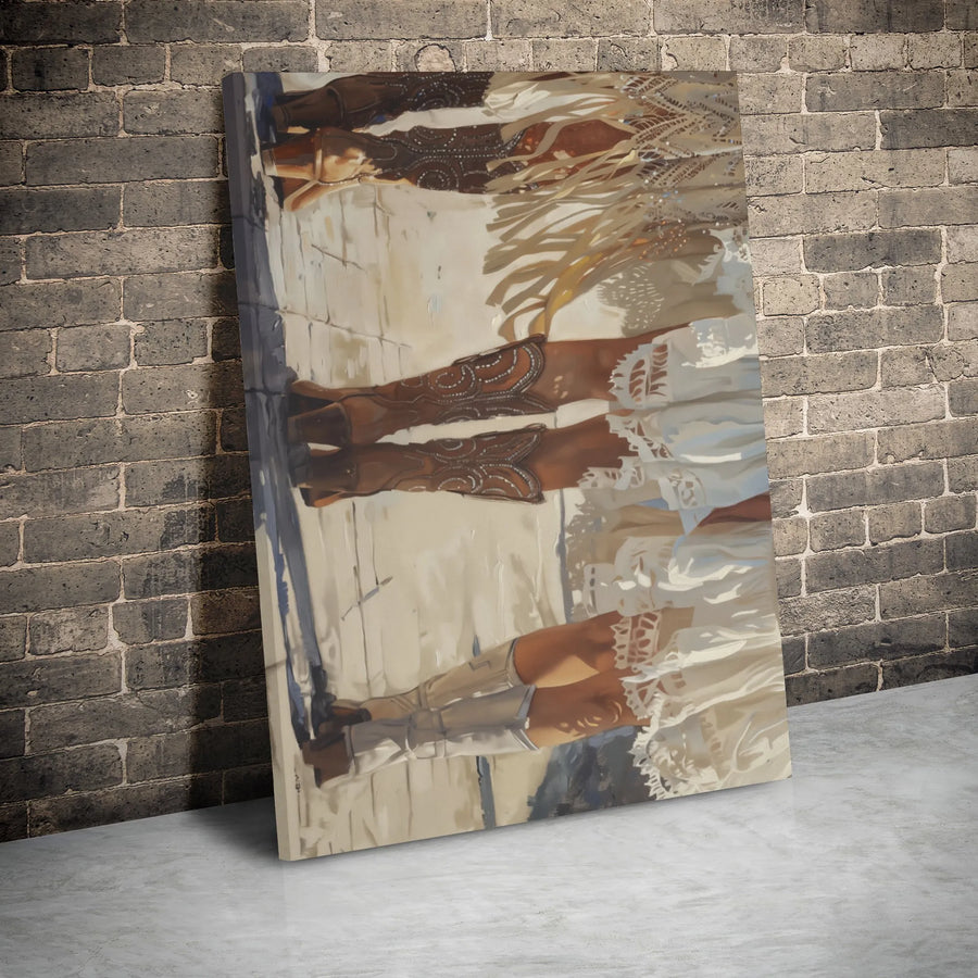 Cowgirl Canvas Wall Art | Rustic Western Boots & White Lace Dress | Premium Gallery Wrapped Print | Farmhouse Home Decor Gift