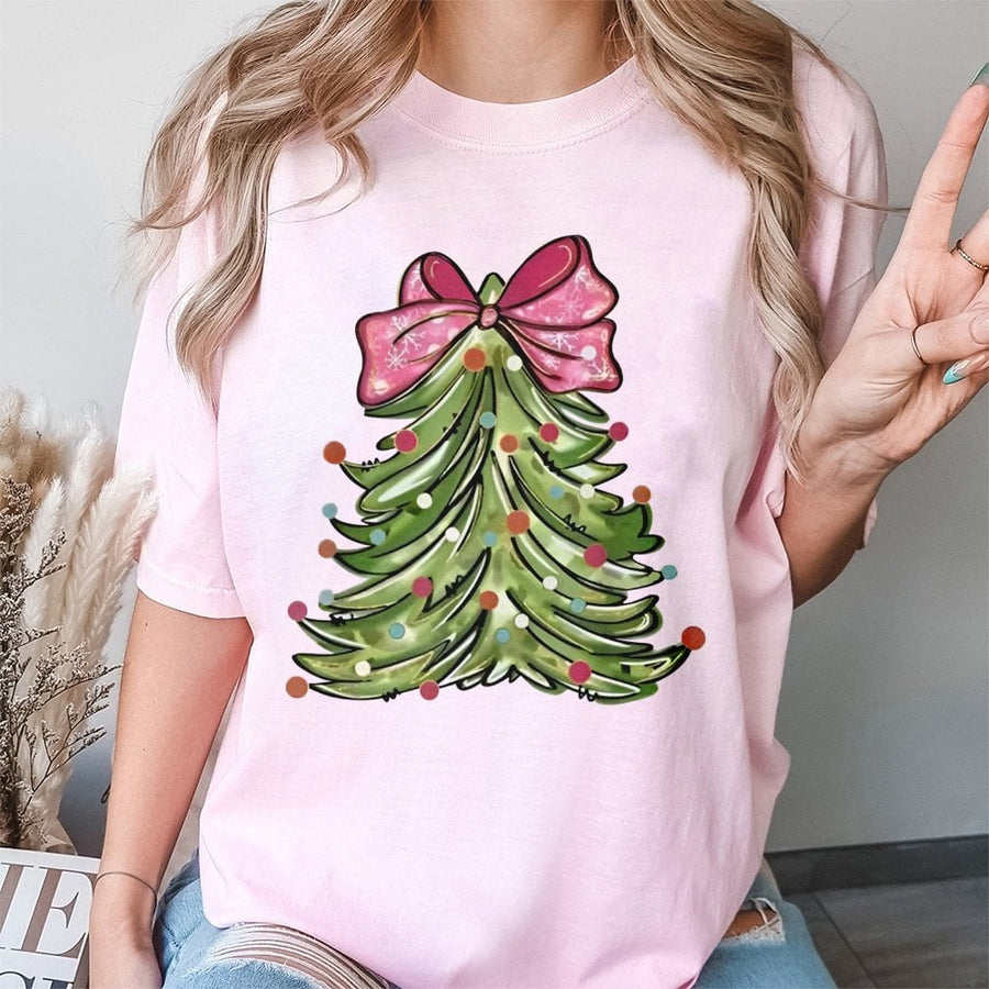Christmas Tree T-Shirt | Retro Pink Bow Graphic Design | 100% Premium Cotton Tee | Festive Holiday Gift for Women and Men