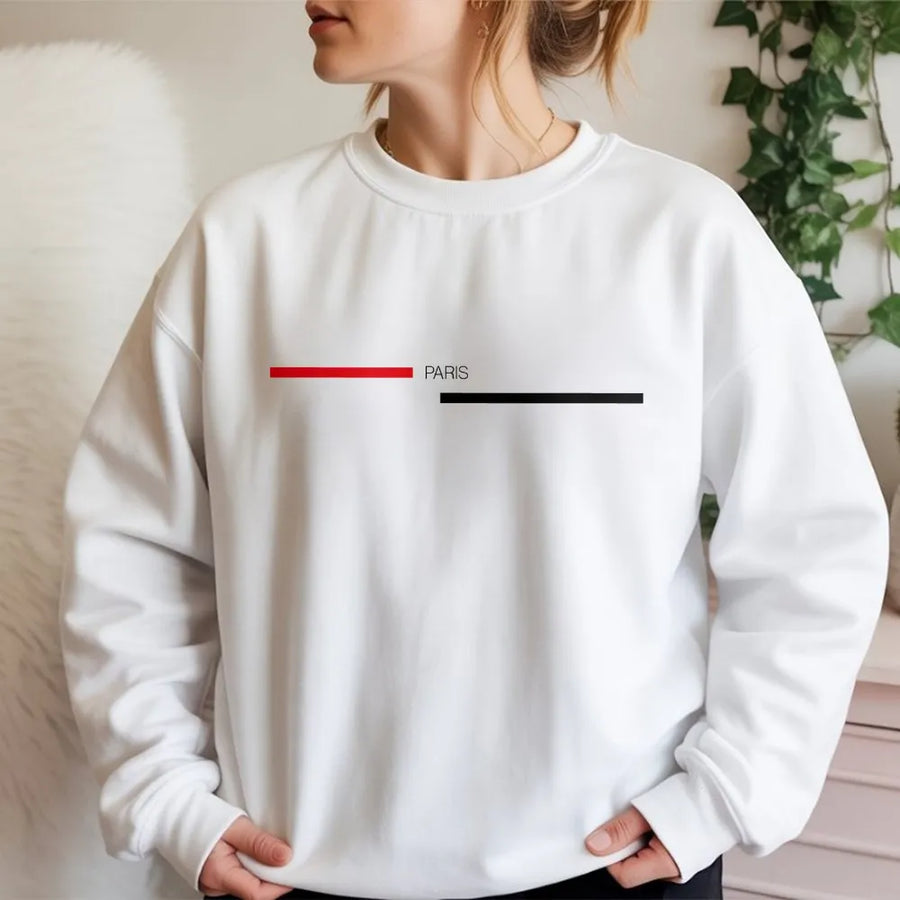 Paris Minimalist Graphic Sweatshirt | Modern Red And White Stripe Design | Premium Cotton Blend | Unisex Streetwear Gift For Travelers