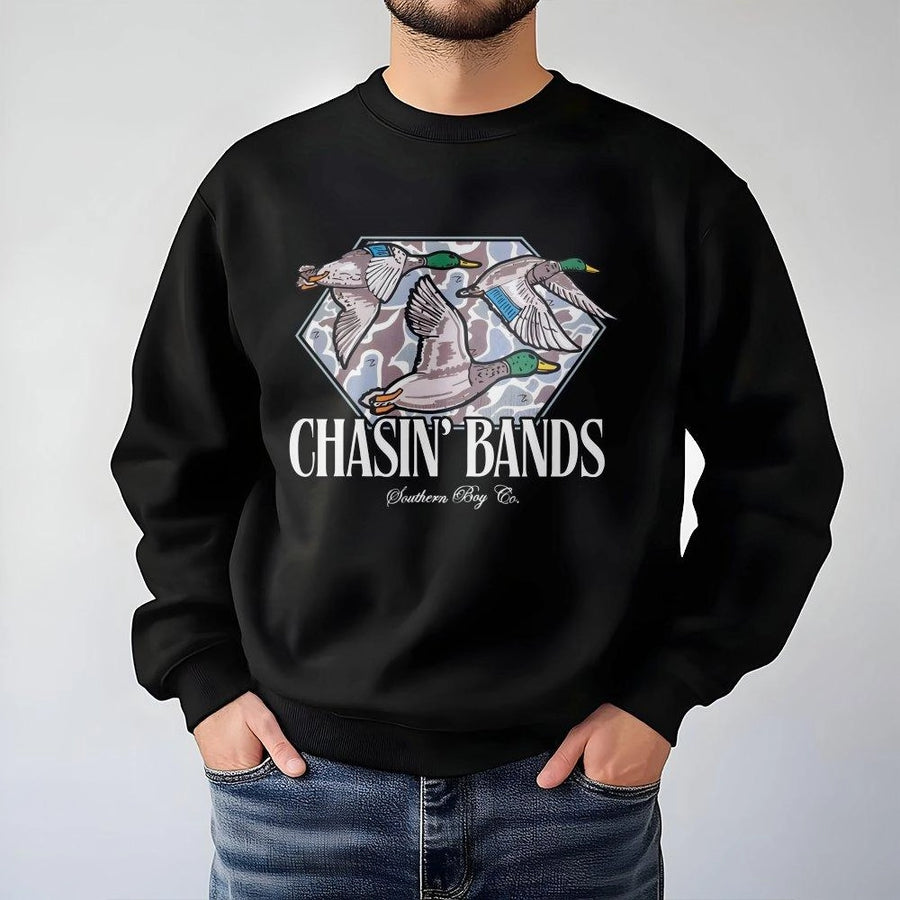 Chasin' Bands Duck Hunting Sweatshirt | Mallard Duck Camo Graphic Design | Premium Cotton Blend Crewneck | Gift for Duck Hunter Outdoorsman