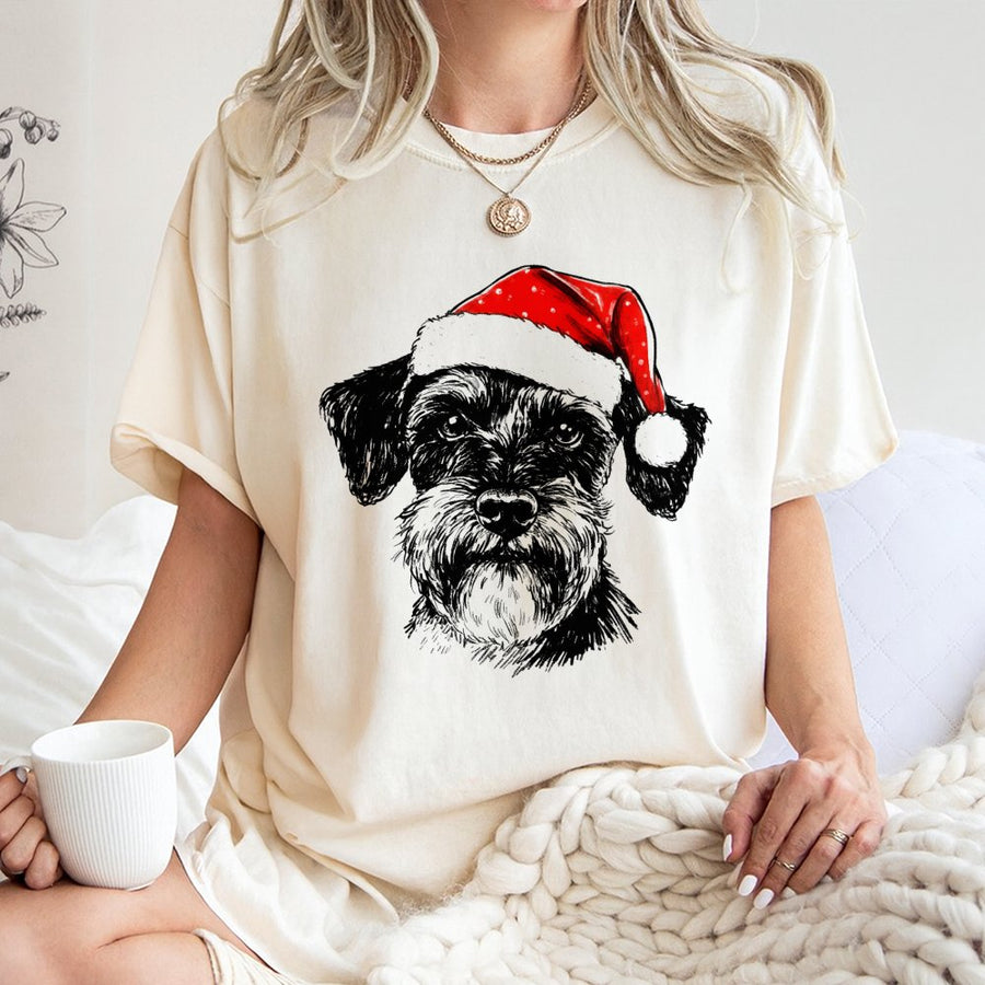 Schnauzer Christmas T-Shirt | Santa Hat Dog Graphic Print | Premium Soft Cotton Tee | Festive Holiday Gift for Dog Lovers
