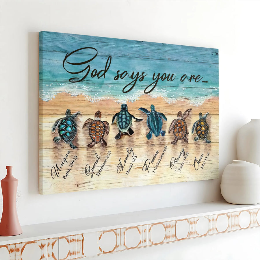 Christian Sea Turtle Canvas Wall Art | God Says You Are Bible Verse Scripture | Premium Canvas Print | Inspirational Faith Based Home Decor Gift