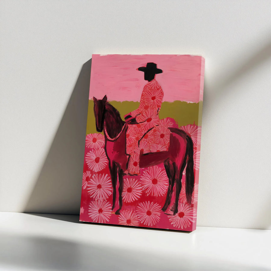Floral Cowboy Vertical Canvas | Abstract Pink Western Horse Art | Premium Gallery Wrapped Print | Modern Farmhouse Decor Gift