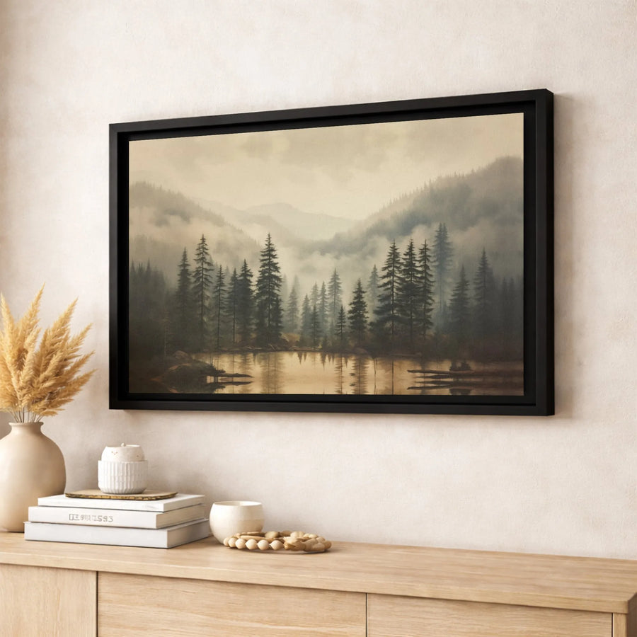 Misty Forest Landscape Canvas Wall Art | Foggy Pine Trees and Lake | Gallery Quality Fade-Resistant Print | Neutral Earth Tone Decor for Home