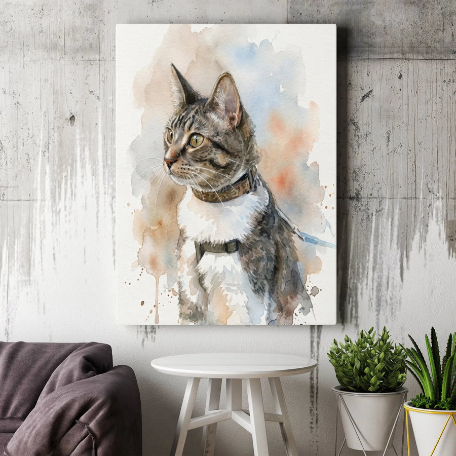 Watercolor Tabby Cat Canvas Wall Art | Artistic Pet Portrait Print | 1.25 Inch Premium Gallery Profile | Gift For Cat Lovers And Pet Owners