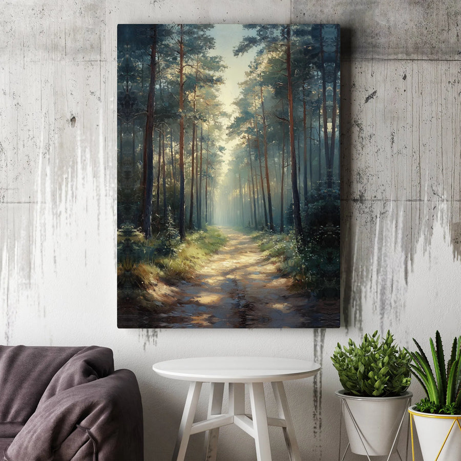 Enchanted Forest Canvas Wall Art | Sunlit Pine Tree Painting Print | Premium Frameless Canvas | Nature Lover Gift for Rustic Home Decor