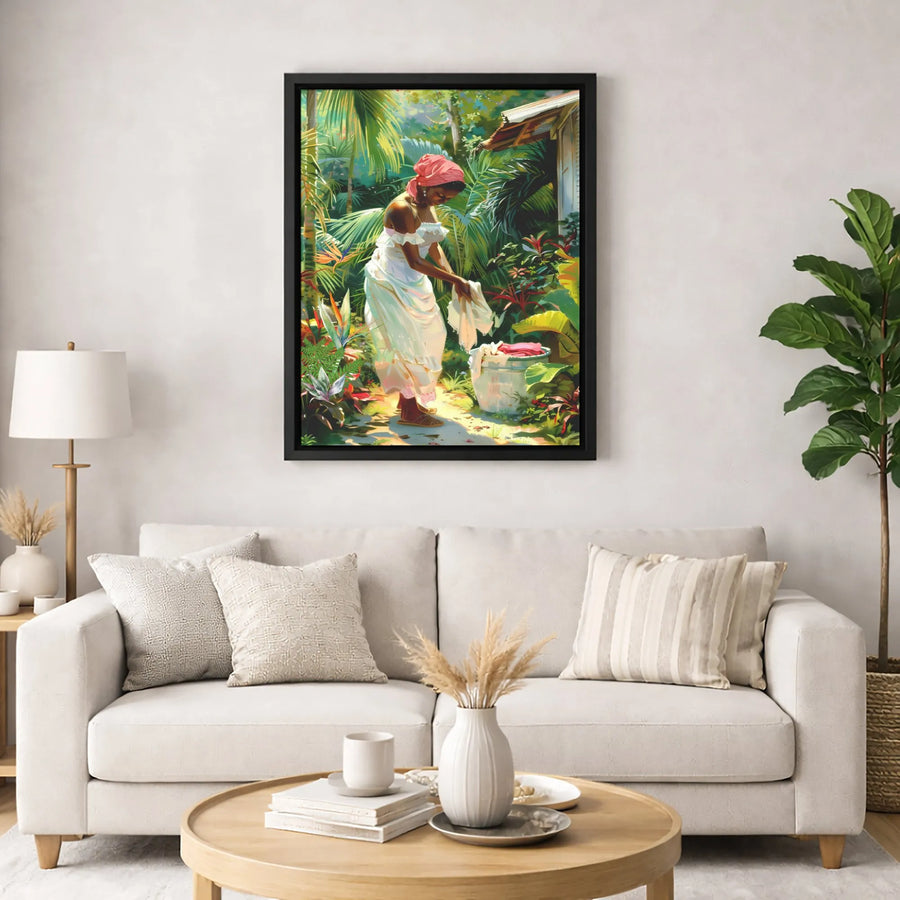 Black Woman Art Canvas | Tropical Garden Laundry Scene | Premium 1.25-Inch Gallery Wrap | African American Wall Decor
