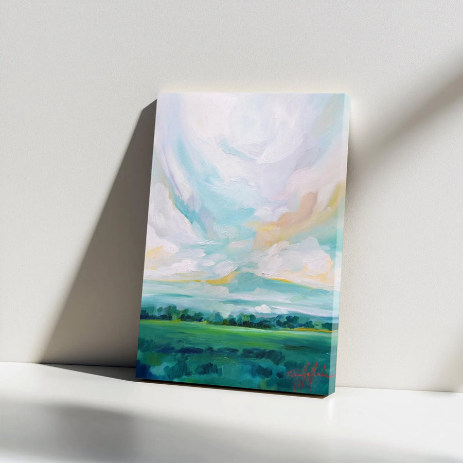 Abstract Landscape Vertical Canvas | Impressionist Green Meadow Painting | Premium Gallery Wrapped Canvas | Modern Farmhouse Wall Decor Gift