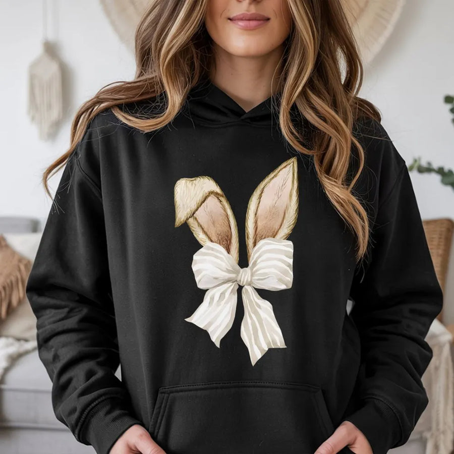 Easter Bunny Hoodie | Watercolor Rabbit Ears with Coquette Bow Design | Premium Cotton-Poly Blend | Cute Spring Aesthetic Gift for Her