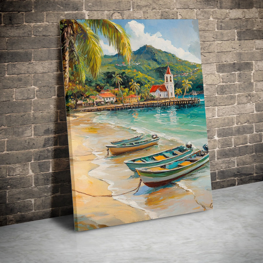 Tropical Beach Painting Canvas | Coastal Village Scene with Fishing Boats | Premium Gallery-Wrapped Print | Serene Wall Decor Gift for Beach Lovers