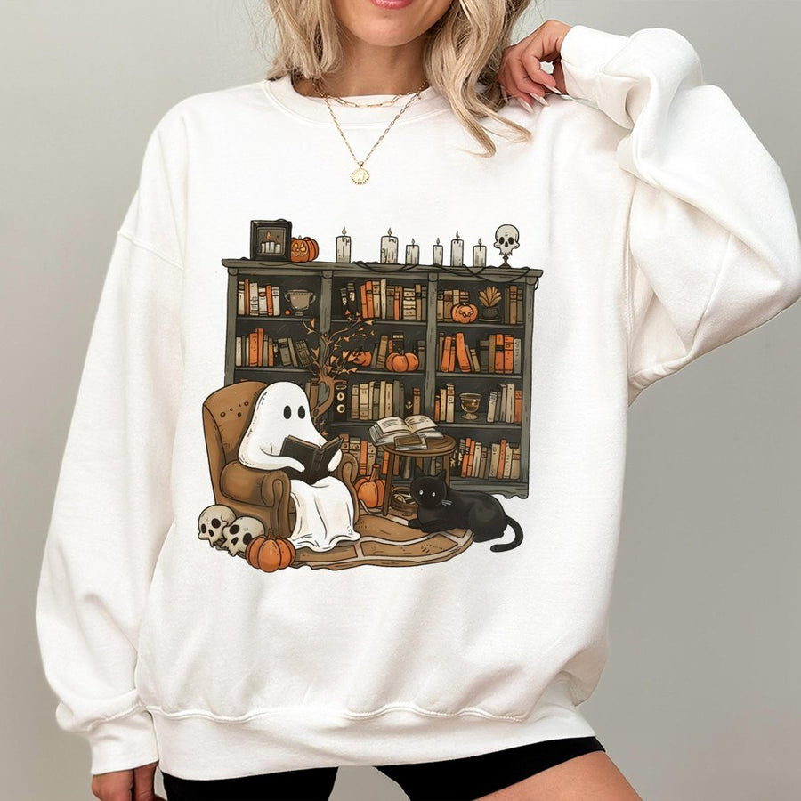 Ghost Reading Books Sweatshirt | Cute Librarian Halloween Graphic | Soft Cotton Blend Cozy Pullover | Bookworm Fall Gift For Her