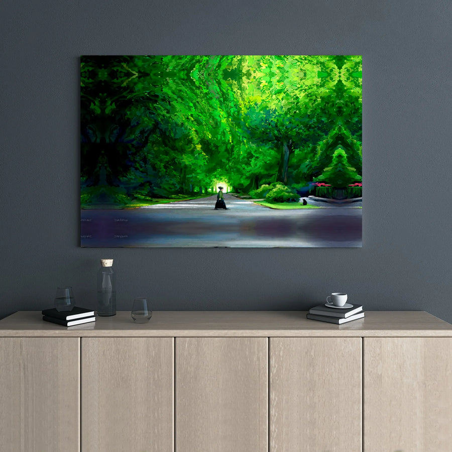 Forest Path Wall Art | Sunlit Tree Walkway with Black Cat | Premium Stretched Gallery Canvas | Nature Lover Home Decor Gift