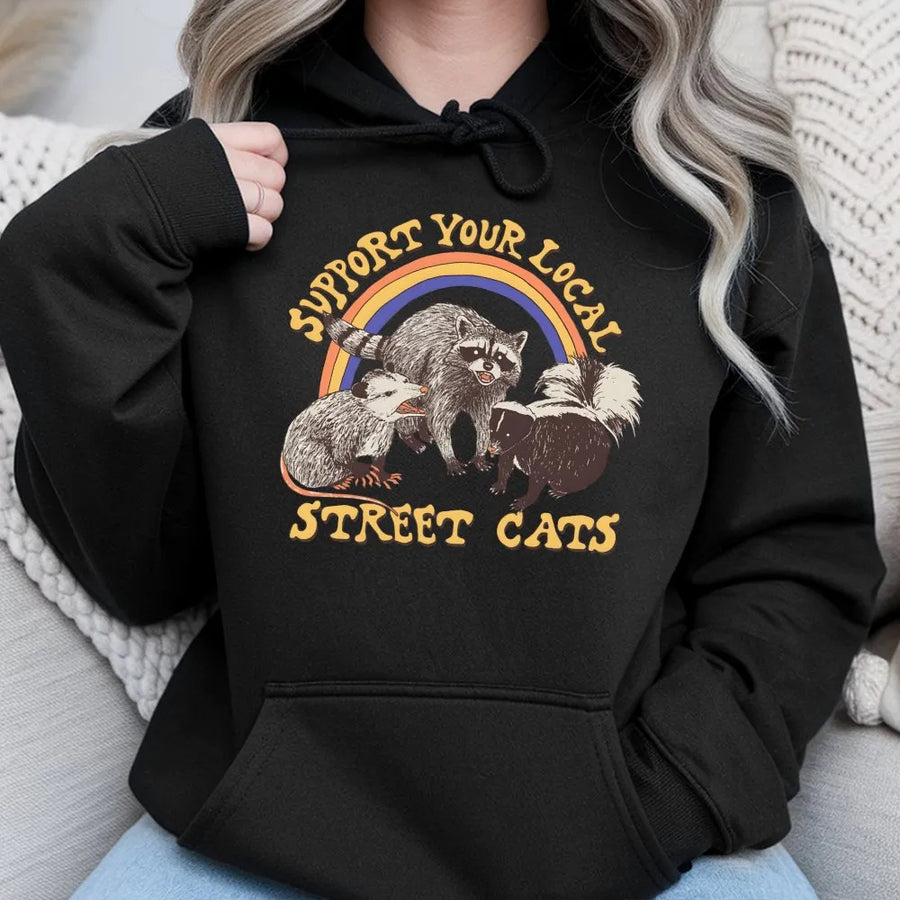 Support Your Local Street Cats Hoodie | Retro Raccoon Opossum Skunk Graphic | Premium Cotton Blend | Funny Wildlife Animal Lover Gift