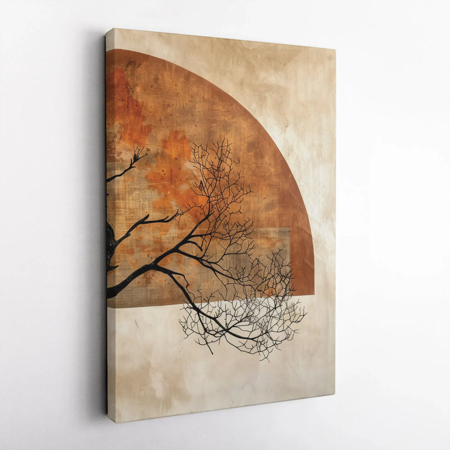 Abstract Tree Canvas Wall Art | Modern Geometric Silhouette with Rust Orange Sun | Premium Fade-Resistant Print | Japandi Inspired Living Room Decor Gift