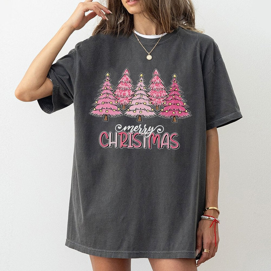 Merry Christmas T-Shirt | Pink Leopard Print Holiday Trees | 100% Cotton Premium Tee | Cute Festive Gift for Women & Girls