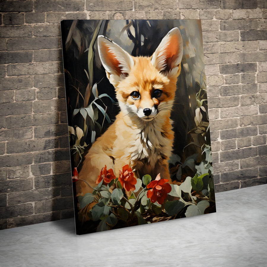 Fennec Fox Wall Art | Cute Baby Fox With Red Roses Painting | Premium Gallery Wrap Canvas | Nursery Decor or Animal Lover Gift